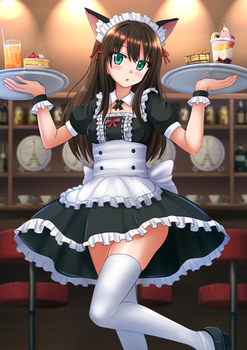 1girl :o alternate_costume animal_ears apron bangs black_dress black_footwear blurry blurry_background blush breasts brown_hair cake cake_slice cat_ears commentary cup depth_of_field dress drinking_glass drinking_straw english_commentary enmaided eyebrows_visible_through_hair feet_out_of_frame food frilled_apron frilled_dress frills green_eyes hair_between_eyes highres holding holding_tray idolmaster idolmaster_cinderella_girls indoors kazenokaze long_hair looking_at_viewer maid maid_headdress medium_breasts parfait parted_lips puffy_short_sleeves puffy_sleeves shibuya_rin shoes short_sleeves solo standing standing_on_one_leg stool thigh-highs tray very_long_hair white_apron white_legwear wrist_cuffs