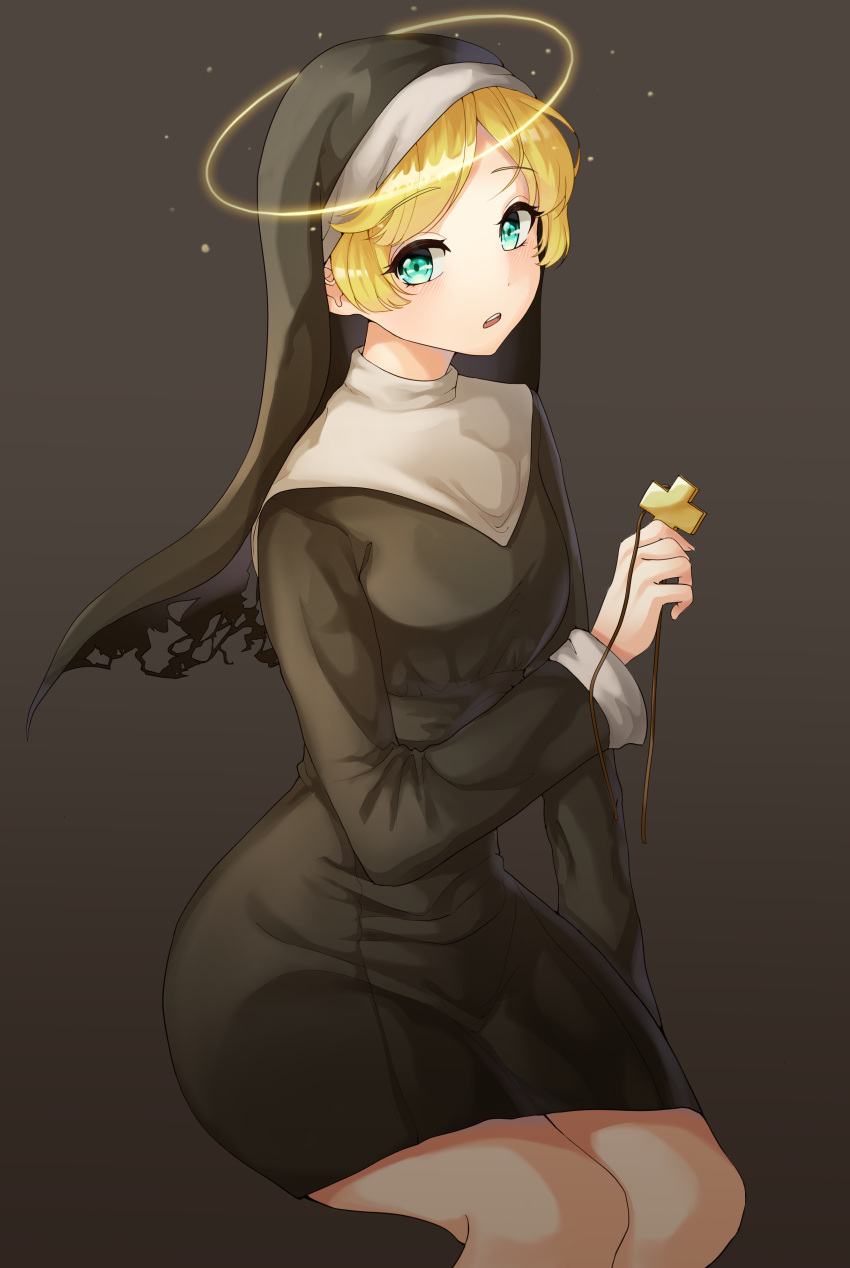 1girl absurdres aqua_eyes bangs black_background blonde_hair catholic commentary cross crucifix cynthia_(uuzz5324) eyebrows_visible_through_hair habit halo highres long_sleeves looking_at_viewer maggy_(the_binding_of_isaac) nun open_mouth short_hair simple_background solo swept_bangs the_binding_of_isaac