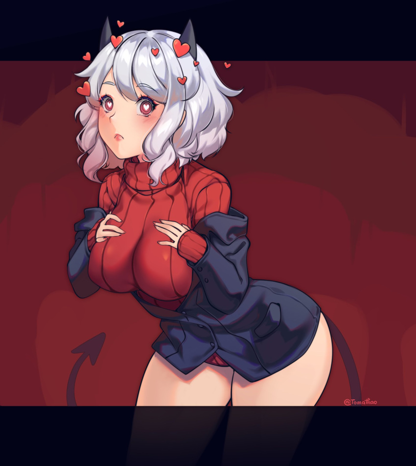 1girl black_jacket blush breasts commentary_request demon_girl heart heart-shaped_pupils helltaker highres horns jacket large_breasts looking_at_viewer medium_hair modeus_(helltaker) red_eyes red_sweater ribbed_sweater solo sweater symbol-shaped_pupils tail tomathao white_hair