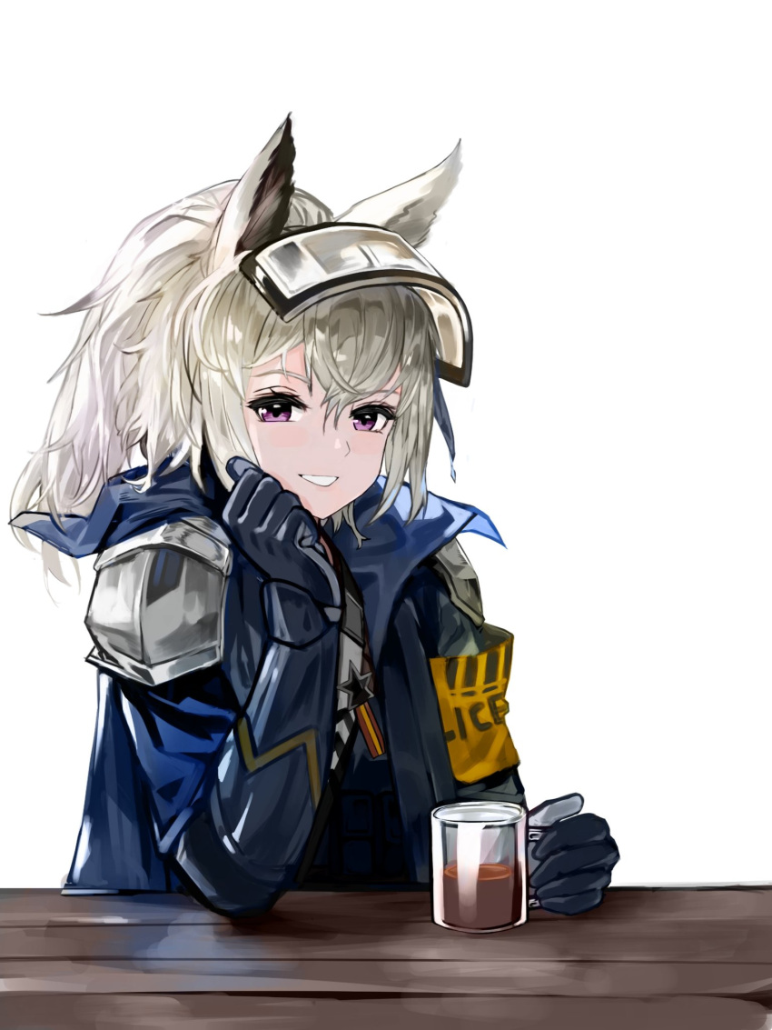 1girl animal_ears arknights bangs brown_eyes coffee coffee_cup cup disposable_cup gloves grani_(arknights) hair_between_eyes hat highres horse_ears horse_girl jacket long_hair looking_at_viewer police police_uniform ponytail silver_hair simple_background smile solo table uniform white_background yuki_hsu