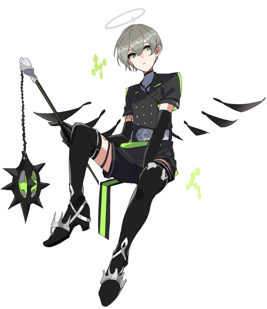 1boy arene_(arknights) arknights black_footwear black_gloves black_jacket black_legwear boots closed_mouth commentary_request elbow_gloves energy_wings flail full_body gloves green_eyes grey_hair halo hexagon high_heels highres holding holding_weapon jacket knee_up looking_away male_focus short_hair short_sleeves sideways_glance simple_background sitting solo spiked_ball_and_chain thigh-highs thigh_boots thigh_strap vegetable_osamuta weapon white_background