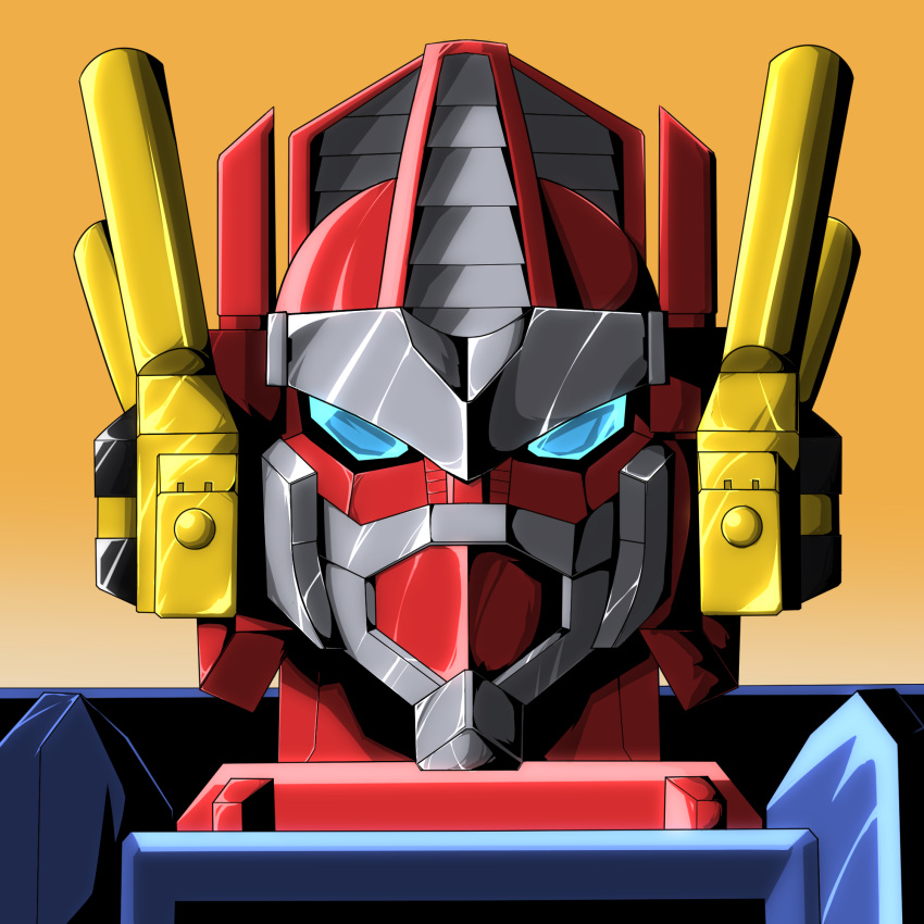 1boy ark_line autobot blue_eyes gradient gradient_background highres looking_at_viewer mecha no_humans omega_prime orange_background portrait science_fiction solo transformers transformers_car_robots upper_body
