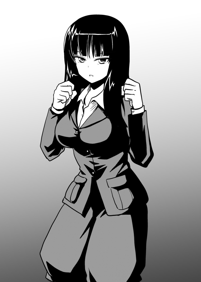 1girl bangs blunt_bangs check_commentary clenched_hand clenched_hands commentary_request dress_shirt fighting_stance formal girls_und_panzer gradient gradient_background greyscale halftone highres jacket kamishima_kanon long_hair long_sleeves looking_at_viewer mature_female monochrome nishizumi_shiho pant_suit pants parted_lips shirt solo standing straight_hair suit wing_collar