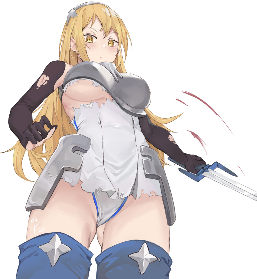 1girl absurdres aiz_wallenstein armor ass_visible_through_thighs blonde_hair blood blue_footwear blue_legwear blush boots breastplate covered_navel dated dungeon_ni_deai_wo_motomeru_no_wa_machigatteiru_darou_ka eyebrows_visible_through_hair headgear highres holding holding_sword holding_weapon injury lan_xiezi long_hair looking_at_viewer parted_lips scratches signature simple_background solo sword thigh-highs thigh_boots torn torn_clothes weapon white_background yellow_eyes