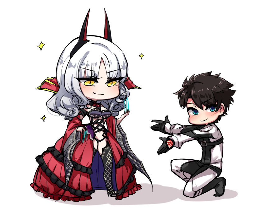 ayanobro blush bondage_outfit carmilla_(fate) chibi command_spell detached_sleeves fate/grand_order fate_(series) fingernails fujimaru_ritsuka_(male) high_heels highres horns long_fingernails smile sparkle supportasse thigh-highs white_hair yellow_eyes