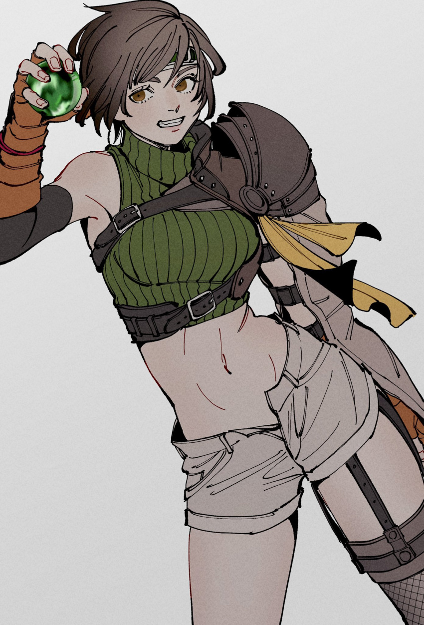 1girl asymmetrical_legwear brown_eyes brown_hair contrapposto crop_top cropped_legs cropped_sweater elbow_gloves feet_out_of_frame female final_fantasy final_fantasy_vii fingerless_gloves gloves green_sweater grey_background highres holding looking_at_viewer materia midriff navel oimo_(oimkimn) open_fly open_shorts short_hair short_shorts shorts shoulder_guard simple_background sleeveless sleeveless_sweater sleeveless_turtleneck solo sweater turtleneck white_background white_shorts yuffie_kisaragi
