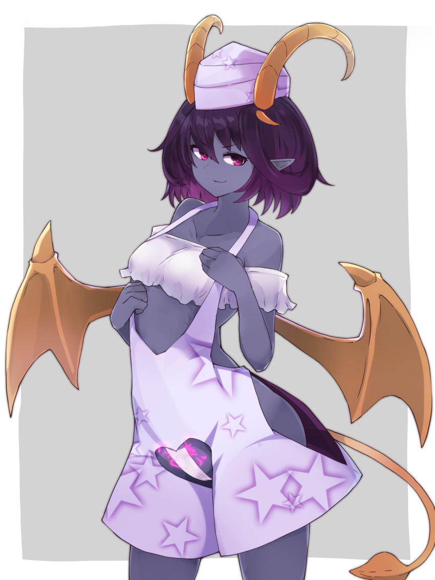 1girl backless_dress backless_outfit bangs bare_shoulders breasts collarbone colored_skin commentary commission cowboy_shot crotch_cutout demon_girl demon_horns demon_tail demon_wings dress grey_background grey_skin hair_between_eyes hat highres hip_vent horns looking_at_viewer multiple_horns original pointy_ears purple_hair revealing_clothes short_hair simple_background skeb_commission small_breasts smile solo star_(symbol) star_print tail violet_eyes white_dress wings yonaga