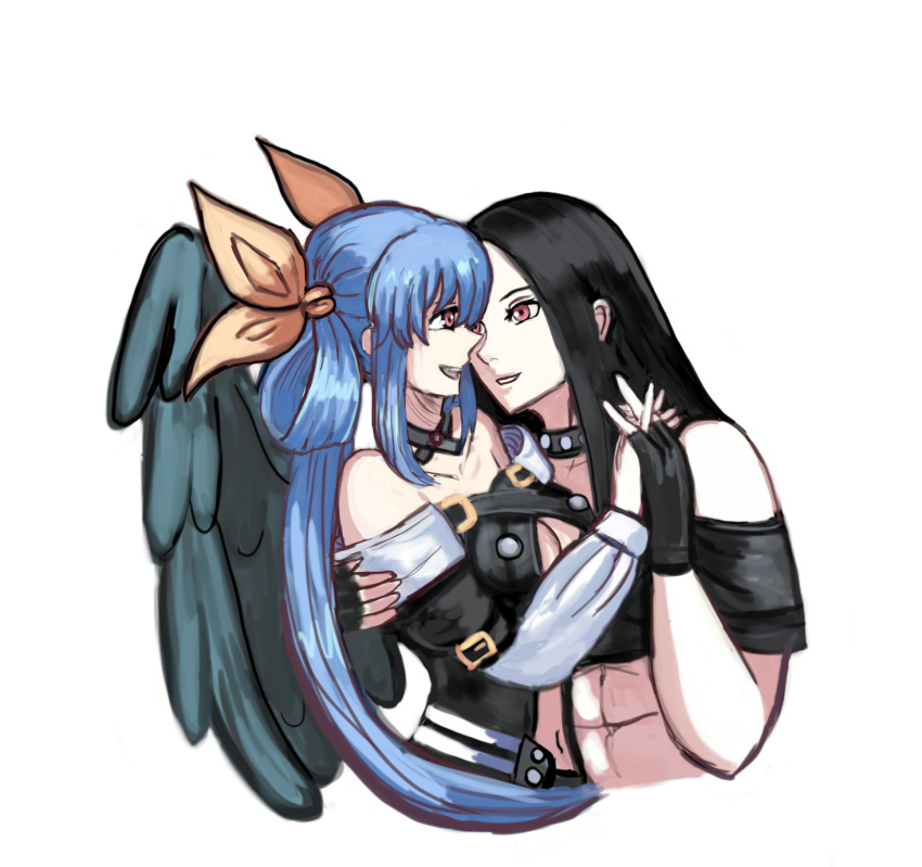 blue_hair couples dizzy_(guilty_gear) guilty_gear hand_holding imminent_kiss looking_at_another red_eyes testament_(guilty_gear)