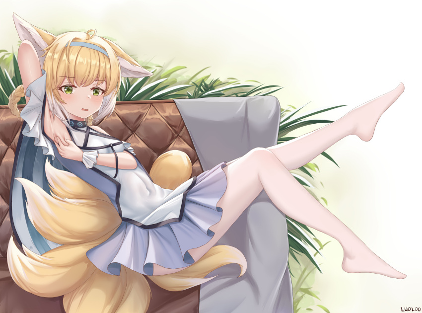 1girl animal_ear_fluff animal_ears arknights arms_behind_head artist_name bangs bare_shoulders blonde_hair blue_hairband blush braid chinese_commentary commentary_request couch eyebrows_visible_through_hair flower fox_ears fox_girl fox_tail frilled_skirt frills full_body green_eyes hair_rings hairband highres kitsune looking_at_viewer looking_to_the_side luoloo multicolored_hair no_shoes on_couch open_mouth pantyhose plant shirt sitting skirt solo suzuran_(arknights) tail twin_braids two-tone_hair white_hair white_legwear white_shirt white_skirt