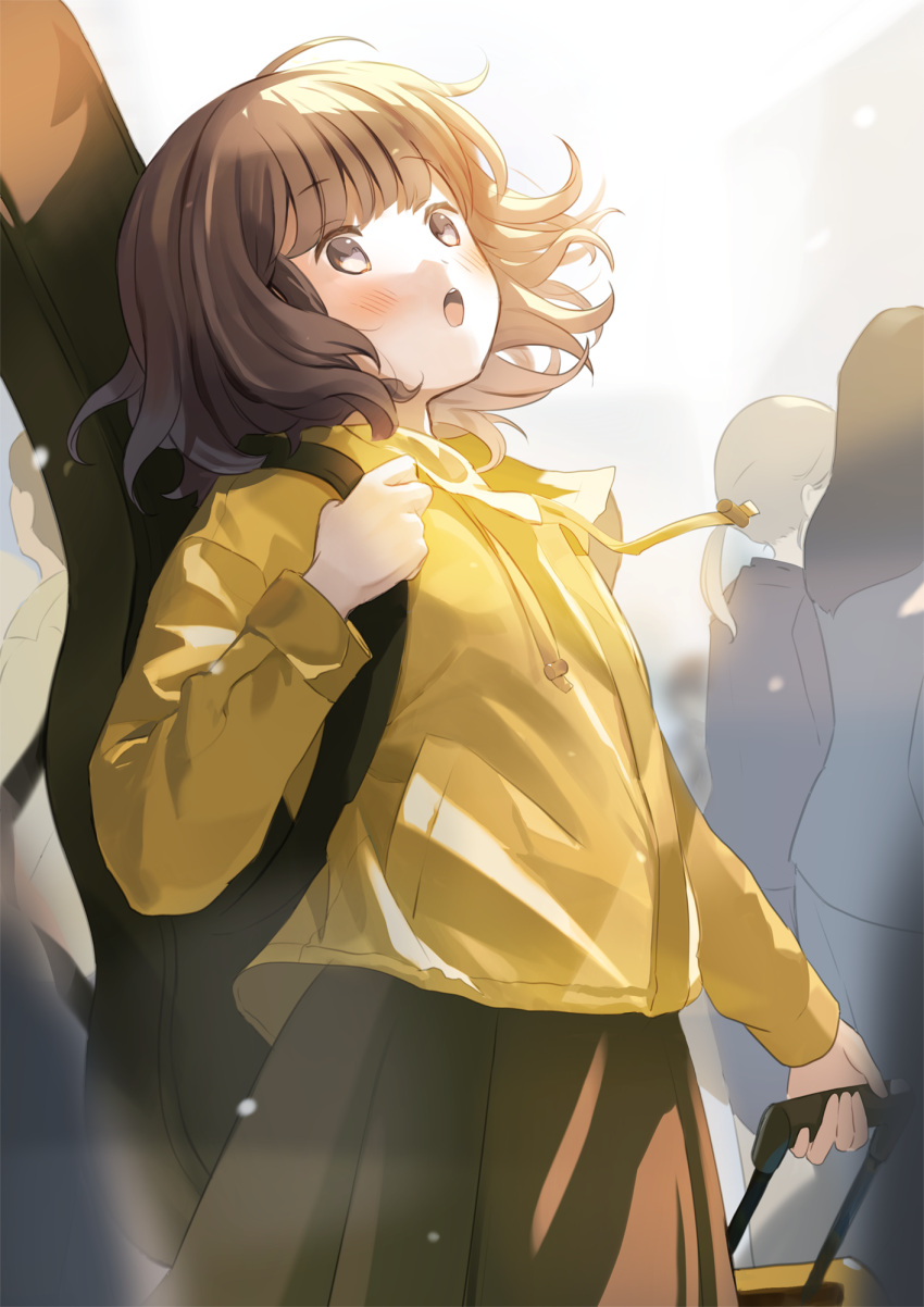 1girl :o bloom blush bob_cut brown_hair guitar_case highres hood hoodie instrument_case light_particles morning open_mouth original rolling_suitcase short_hair skirt solo_focus standing sunlight surprised tasuku_(otomebotan) yellow_hoodie