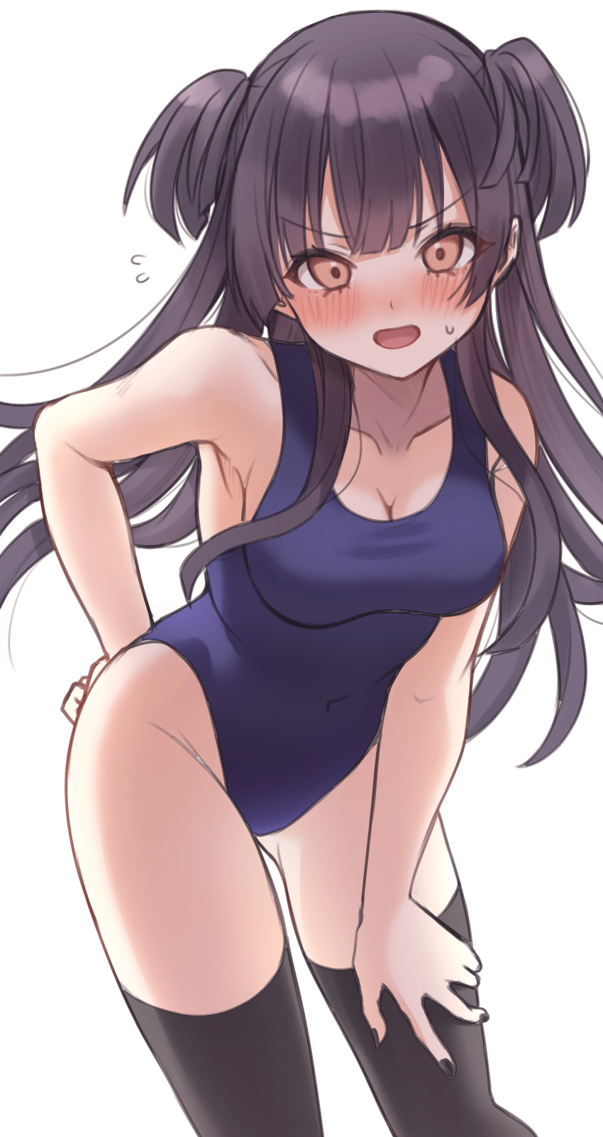 1girl absurdres black_hair black_legwear blue_swimsuit blush breasts brown_eyes cowboy_shot hand_on_own_thigh highres idolmaster idolmaster_shiny_colors long_hair looking_at_viewer mayuzumi_fuyuko medium_breasts nose_blush one-piece_swimsuit simple_background solo standing swimsuit takio_(kani_sama) thigh-highs two_side_up white_background