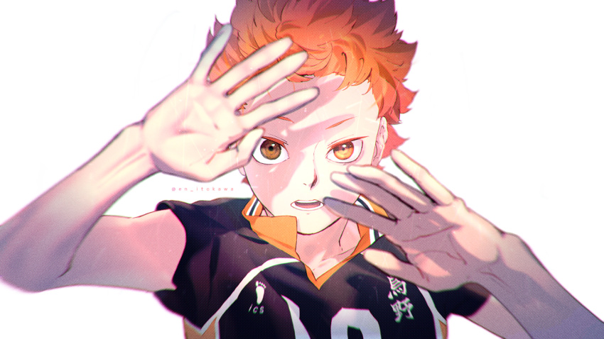 1boy arms_up brown_eyes haikyuu!! highres hinata_shouyou looking_at_viewer male_focus open_mouth orange_hair re_it0 shaded_face short_hair signature simple_background solo sportswear teeth twitter_username upper_body volleyball_uniform white_background
