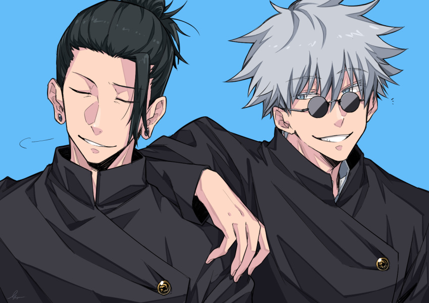 2boys arm_on_shoulder bangs black_hair black_jacket blue_background blue_eyes closed_eyes ear_piercing eyebrows_visible_through_hair gakuran getou_suguru gojou_satoru grey_hair grin gusha_(orenji_hnkn) hair_between_eyes hair_bun hair_pulled_back jacket jujutsu_kaisen long_sleeves looking_at_another male_focus multiple_boys parted_lips piercing round_eyewear school_uniform short_hair sideways_glance simple_background smile sunglasses upper_body