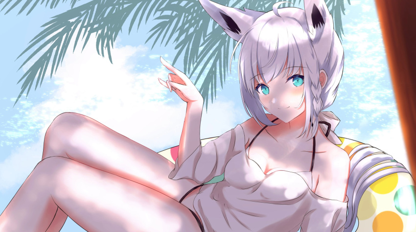 1girl absurdres ahoge animal_ears bangs bare_shoulders bikini blush bow braid breasts collarbone commentary_request extra_ears eyebrows_visible_through_hair fox_ears fox_girl fox_shadow_puppet green_eyes hair_between_eyes hair_bow halterneck highres hololive innertube long_hair looking_at_viewer mihanada_kasumi off-shoulder_shirt off_shoulder shirakami_fubuki shirt sidelocks single_braid small_breasts smile solo swimsuit virtual_youtuber white_bikini white_bow white_hair white_shirt