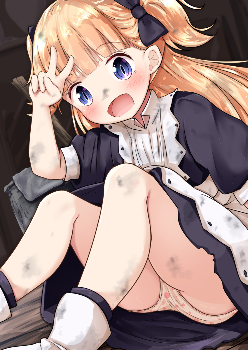 :d apron arm_up ass black_bow black_dress black_legwear blonde_hair blue_eyes blush boots bow bucket child commentary_request dirty dirty_clothes dirty_face dress emilyko feet_out_of_frame hair_bow highres knees_up loli long_hair mochiyuki on_floor open_mouth panties polka_dot polka_dot_panties puffy_short_sleeves puffy_sleeves rag shadows_house short_sleeves sitting smile socks soot two_side_up underwear v very_long_hair white_apron white_footwear white_panties wooden_floor