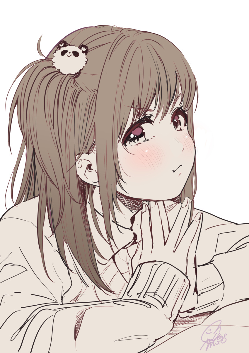 1girl :t absurdres blush brown_hair brown_theme dated fingernails geshumaro hair_ornament hands_together highres long_hair looking_at_viewer monochrome one_side_up original pout signature simple_background solo white_background