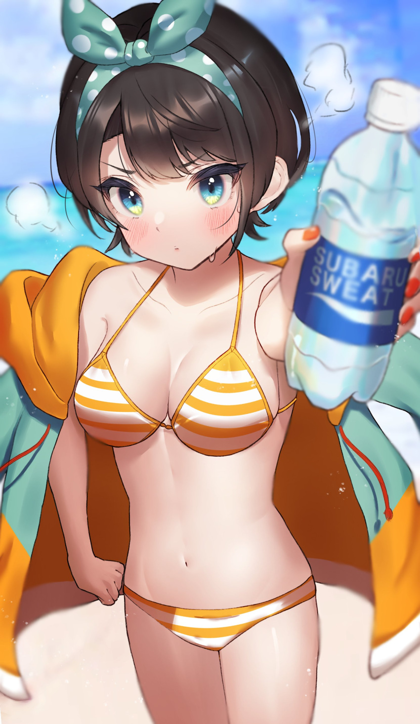 absurdres beach bikini blush bottle brand_name_imitation breasts breathing drink hairband highres holding hololive jacket looking_at_viewer navel oozora_subaru pocari_sweat senriyama short_hair striped striped_bikini swimsuit yellow_bikini