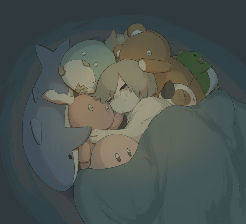 1boy avogado6 commentary_request crying crying_with_eyes_open half-closed_eyes kirby kirby_(series) lying on_side original solo stuffed_animal stuffed_bunny stuffed_fish stuffed_shark stuffed_toy tears teddy_bear under_covers