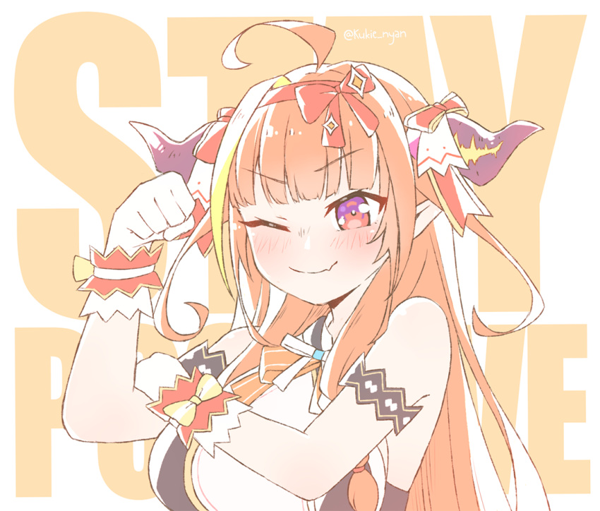 1girl ahoge arm_garter arm_up background_text bangs bare_arms bare_shoulders blonde_hair blunt_bangs blush bow_hairband breasts commentary dragon_girl dragon_horns english_commentary english_text eyebrows_visible_through_hair fang gloves hairband halter_top halterneck hand_on_own_arm hololive hololive_idol_uniform horn_ornament horn_ribbon horns idol idol_clothes kiryu_coco kukie-nyan large_breasts long_hair looking_at_viewer multicolored multicolored_eyes multicolored_hair one_eye_closed orange_hair parody pointy_ears red_eyes red_hairband ribbon sidelocks simple_background skin_fang sleeveless smile solo streaked_hair twitter_username upper_body violet_eyes we_can_do_it! white_background white_gloves white_neckwear wrist_cuffs