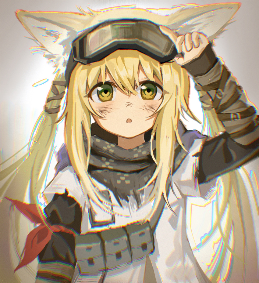 1girl :o adjusting_eyewear animal_ear_fluff animal_ears arknights bangs black_gloves black_scarf blonde_hair ccclann dirty dirty_face english_commentary eyewear_on_head fingerless_gloves fox_ears fox_girl fox_tail gloves goggles goggles_on_head green_eyes hand_up handkerchief highres id_card official_alternate_costume open_mouth scarf solo suzuran_(arknights) suzuran_(lostlands_flowering)_(arknights) tail upper_body