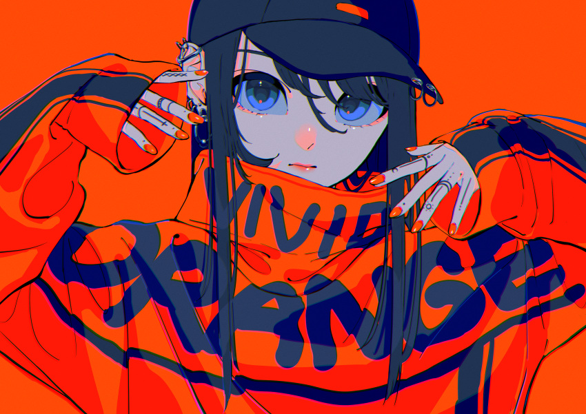 1girl absurdres baseball_cap black_hair black_headwear blue_eyes closed_mouth ear_piercing earrings english_text expressionless hand_tattoo hands_up hat high_collar highres hoop_earrings huge_filesize jacket jewelry lips long_hair long_sleeves looking_at_viewer nail_polish orange_background orange_jacket orange_lips orange_nails orange_theme original piercing ritao_kamo simple_background sleeves_past_wrists solo symbol_commentary upper_body