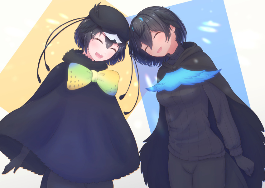 2girls absurdres bird_girl bird_tail bird_wings black_cape black_gloves black_hair black_pants black_sweater blue_neckwear blush bow bowtie cabbie_hat cape closed_eyes commentary_request cowboy_shot eyebrows_visible_through_hair gloves greater_lophorina_(kemono_friends) hat head_wings highres kemono_friends leaning_in long_sleeves multiple_girls noginogiro pants short_hair smile sweater western_parotia_(kemono_friends) wings yellow_neckwear