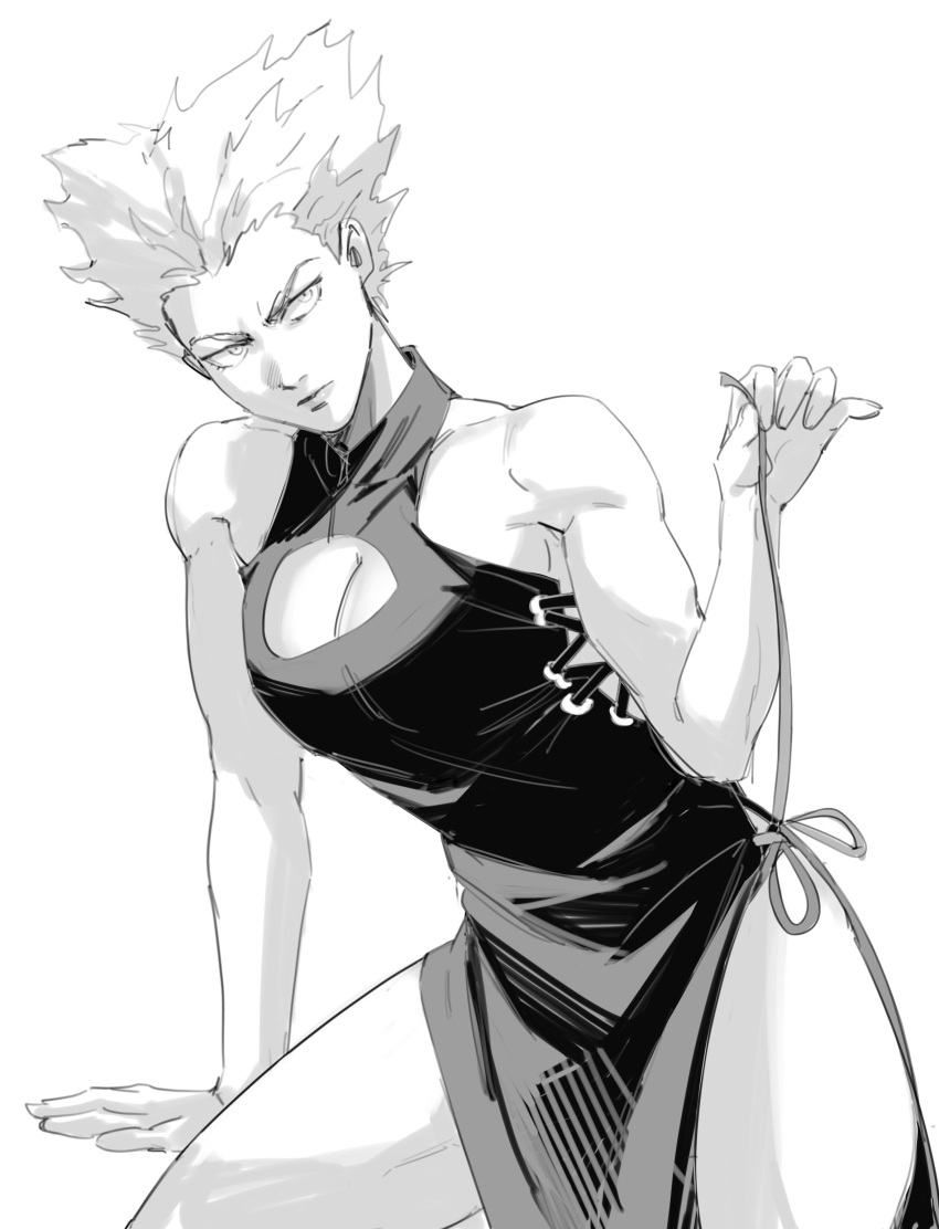 1girl absurdres bare_arms bare_shoulders breasts china_dress chinese_clothes cleavage_cutout clothing_cutout cross-laced_clothes cross-laced_slit dress dudlesnoodles garou_(one-punch_man) genderswap genderswap_(mtf) greyscale highres lips looking_to_the_side medium_breasts monochrome muscular muscular_female one-punch_man pelvic_curtain pointy_hair sleeveless sleeveless_dress solo symbol_commentary thighs v-shaped_eyebrows