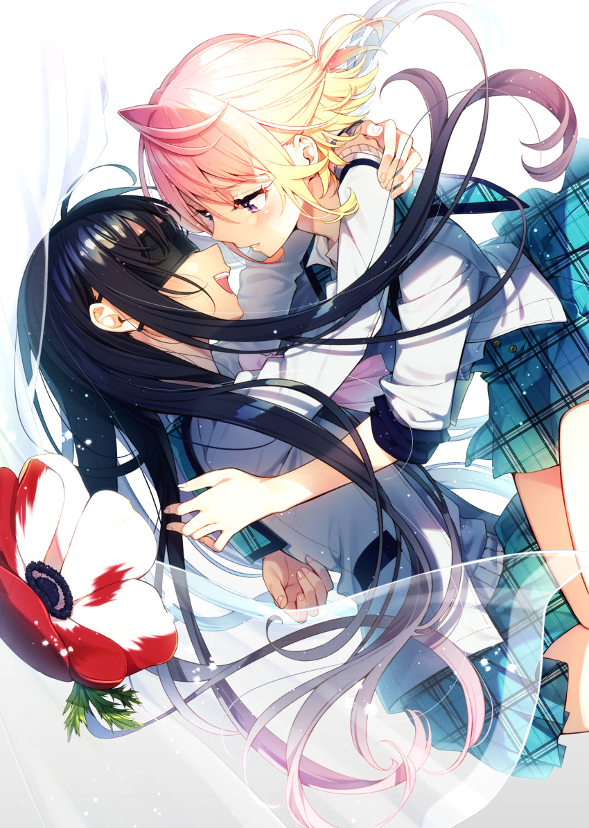 2girls bangs black_hair blindfold blonde_hair blush flower hair_between_eyes highres hug long_hair looking_at_another multiple_girls open_mouth original sakuragi_ren school_uniform serafuku short_hair sleeves_rolled_up yuri