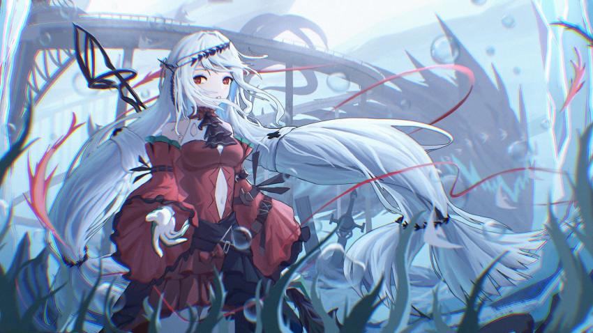 1girl aqua_gloves arknights ascot bangs bare_shoulders black_neckwear blush breasts bubble clothing_cutout detached_sleeves dress gloves grey_gloves hair_ornament highres jiu_sheng long_hair long_sleeves looking_at_viewer medium_breasts navel navel_cutout no_hat no_headwear parted_lips planted planted_sword red_dress red_eyes seaweed silver_hair skadi_(arknights) skadi_the_corrupting_heart_(arknights) solo staff standing sword two-tone_gloves underwater upper_body weapon