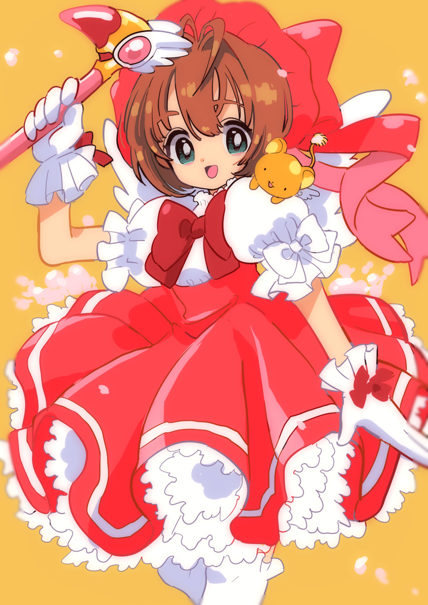 1girl :d absurdres antenna_hair bow bowtie brown_hair cardcaptor_sakura cowboy_shot creature dress frills fuuin_no_tsue glove_bow gloves green_eyes hat hat_bow highres holding holding_wand kero kinomoto_sakura kodama_(marugoto_omikan) looking_at_viewer magical_girl open_mouth pink_bow pink_dress pink_headwear puffy_sleeves red_bow short_hair simple_background smile standing thick_eyebrows wand white_bow white_gloves white_wings wings yellow_background