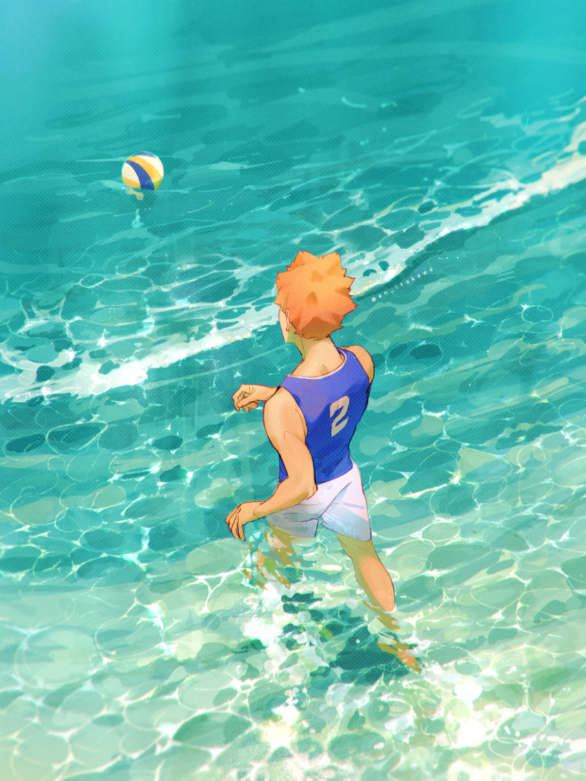 1boy ball from_above from_behind haikyuu!! highres hinata_shouyou male_focus ocean orange_hair outdoors re_it0 short_hair shorts solo tank_top twitter_username volleyball wading walking water waves