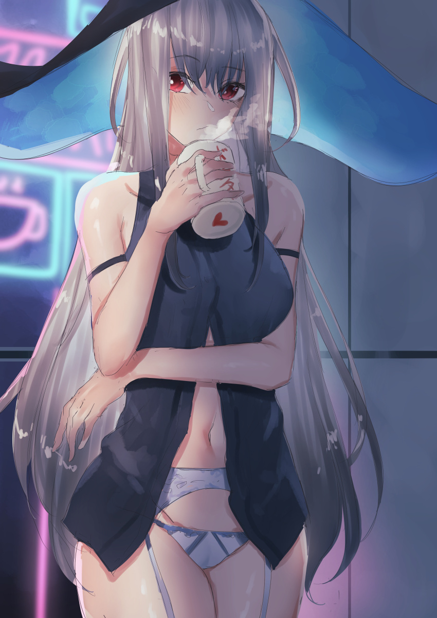 1girl absurdres alternate_costume arknights ascot bangs bare_shoulders big_belly black_dress blu_(1712) breasts closed_mouth coffee_mug cowboy_shot cup dress drinking garter_straps hair_between_eyes highres holding holding_cup lingerie long_hair looking_at_viewer medium_breasts mug neon_lights panties red_eyes silver_hair skadi_(arknights) sleeveless sleeveless_dress solo steam translation_request underwear very_long_hair white_panties