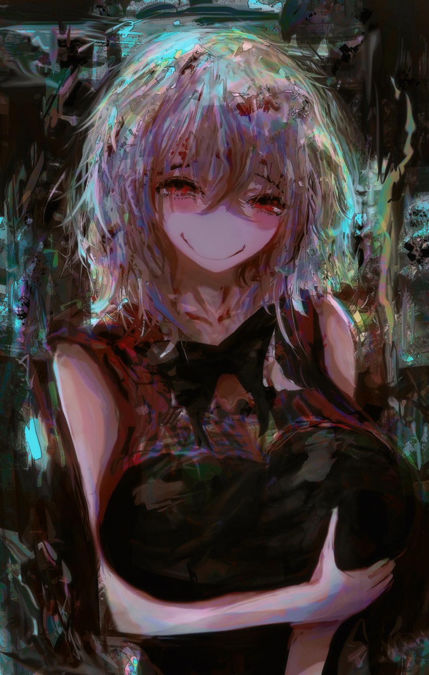 1girl abstract_background absurdres blush breast_hold breasts hat9less highres large_breasts looking_at_viewer no_nose original red_eyes short_hair short_sleeves smile white_hair yandere