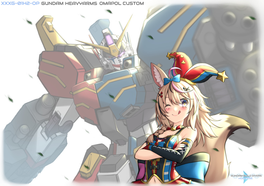 1girl animal_ear_fluff animal_ears arm_cannon blue_bow blush bow bow_choker clenched_hand elbow_gloves fox_ears fox_girl fox_tail gatling_gun gloves glowing glowing_eye gundam gundam_build_divers gundam_build_divers_re:rise gundam_heavyarms_custom gundam_wing gundam_wing_endless_waltz hair_bow hat highres hololive huge_bow jester_cap mask mecha mobile_suit navel omaru_polka one_eye_closed parody pinguinkotak science_fiction single_elbow_glove single_glove smile tail title_parody tongue tongue_out v-fin violet_eyes virtual_youtuber weapon