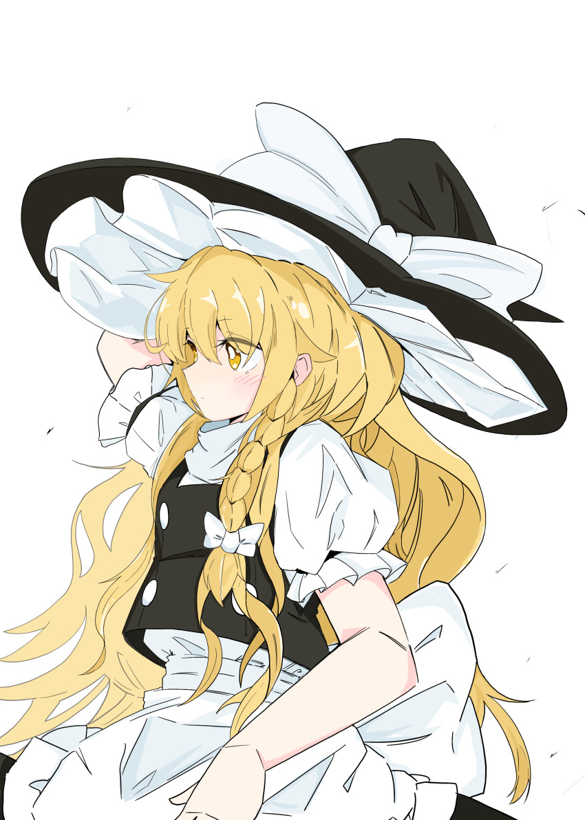 1girl absurdres apron black_vest blonde_hair bow braid commentary_request from_side hat hat_bow highres kirisame_marisa long_hair puffy_sleeves shirt short_sleeves simple_background solo tatutaniyuuto touhou vest waist_apron waist_bow white_bow white_shirt witch_hat yellow_eyes