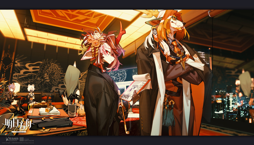 1boy 4girls animal_ears antlers arknights ch'en_(arknights) chinese_clothes city city_lights commentary english_commentary highres horns hoshiguma_(arknights) husband_and_wife kiseru kuroblood multiple_girls official_art pipe princess_fumizuki_(arknights) shirayuki_(arknights) single_horn wei_yenwu_(arknights) window