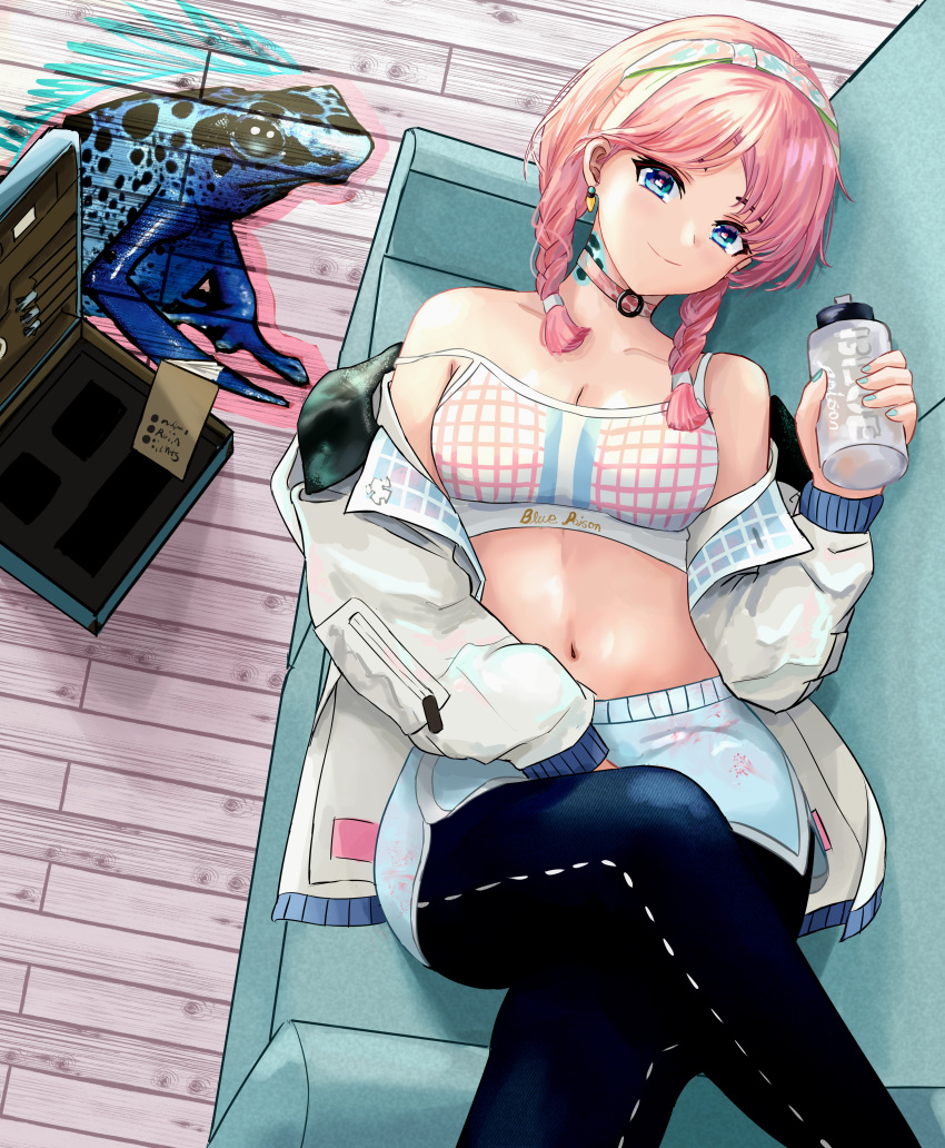 1girl absurdres arknights bangs bare_shoulders black_pants blue_eyes blue_nails blue_poison_(arknights) blue_poison_(shoal_beat)_(arknights) blue_shorts book braid character_name choker commentary couch earrings english_commentary hairband highres holding holding_book huge_filesize jacket jewelry long_hair long_sleeves looking_at_viewer lying nail_polish navel off_shoulder official_alternate_costume on_back on_couch pants pink_choker pink_hair raiiniichts shorts smile solo sports_bra stomach strap_slip twin_braids white_jacket wooden_floor