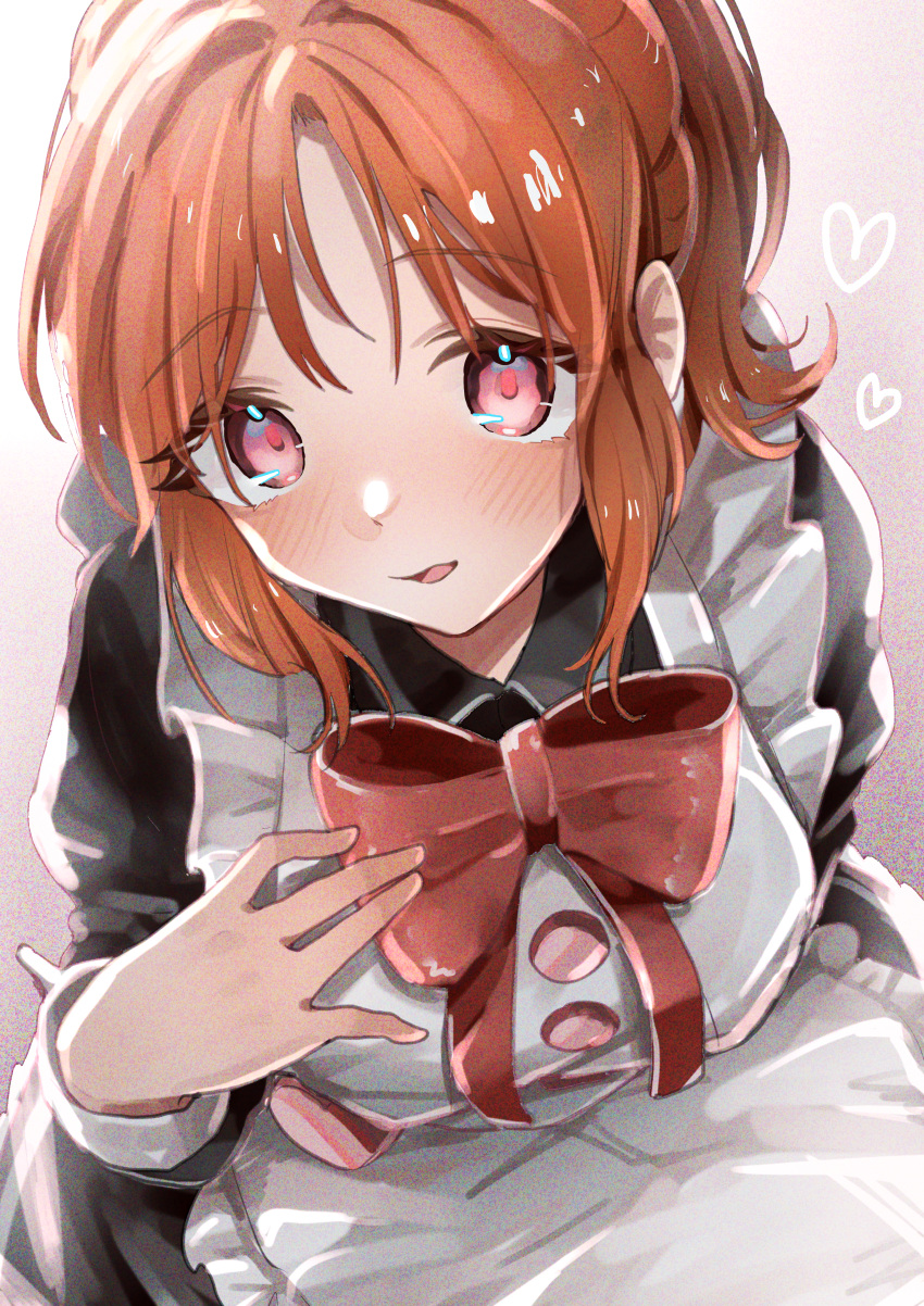 1girl abe_nana absurdres bangs blush breasts eyebrows_visible_through_hair eyelashes film_grain hair_up hand_on_own_chest heart highres huge_filesize idolmaster idolmaster_cinderella_girls large_breasts leaning_forward looking_at_viewer maid medium_hair ningen_mame open_mouth orange_hair parted_bangs red_eyes red_ribbon ribbon simple_background solo