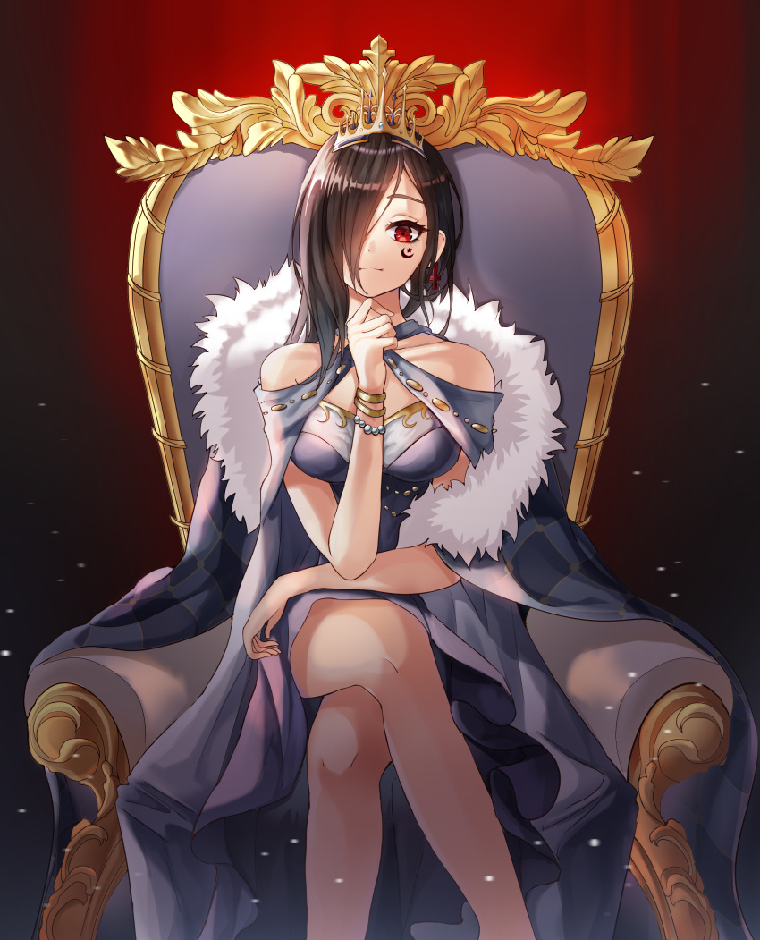 1girl absurdres bare_legs bare_shoulders black_hair bracelet breasts collarbone commentary cross cross_earrings crossed_legs crown cynthia_(uuzz5324) earrings elbow_rest eve_(the_binding_of_isaac) facial_tattoo feet_out_of_frame fur_trim hair_over_one_eye highres huge_filesize jewelry light_smile long_hair looking_at_viewer medium_breasts red_eyes sitting solo tattoo the_binding_of_isaac throne