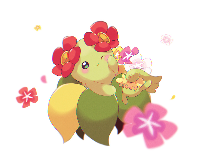 bellossom blush closed_eyes closed_mouth comfey commentary_request flower gen_2_pokemon gen_7_pokemon green_eyes highres looking_at_viewer one_eye_closed open_mouth pokemon pokemon_(creature) simple_background smile usoko_(sani_ma_ru) white_background