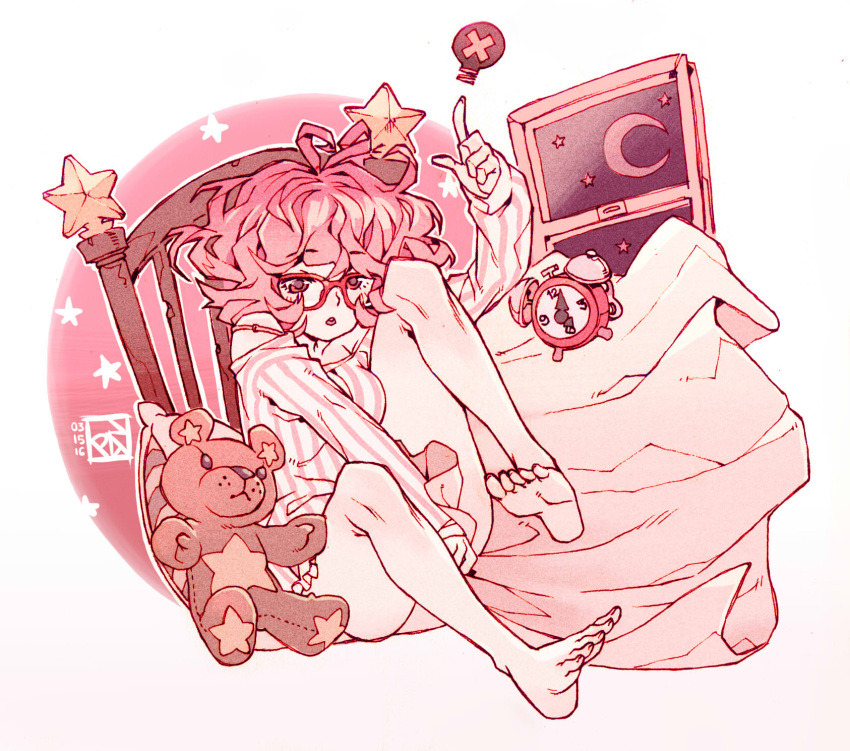 1girl alarm_clock bed bottomless clock commentary dated glasses highres messy_hair moon original pajamas pillow pink_hair poch4n red_eyes short_hair signature star_(symbol) stuffed_animal stuffed_toy teddy_bear window