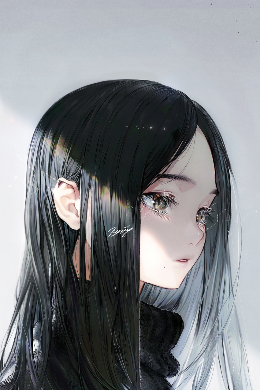 1girl bangs black_hair black_sweater brown_eyes highres long_hair looking_away mole mole_under_mouth nanase_miri original parted_bangs parted_lips portrait signature simple_background solo sweater turtleneck turtleneck_sweater
