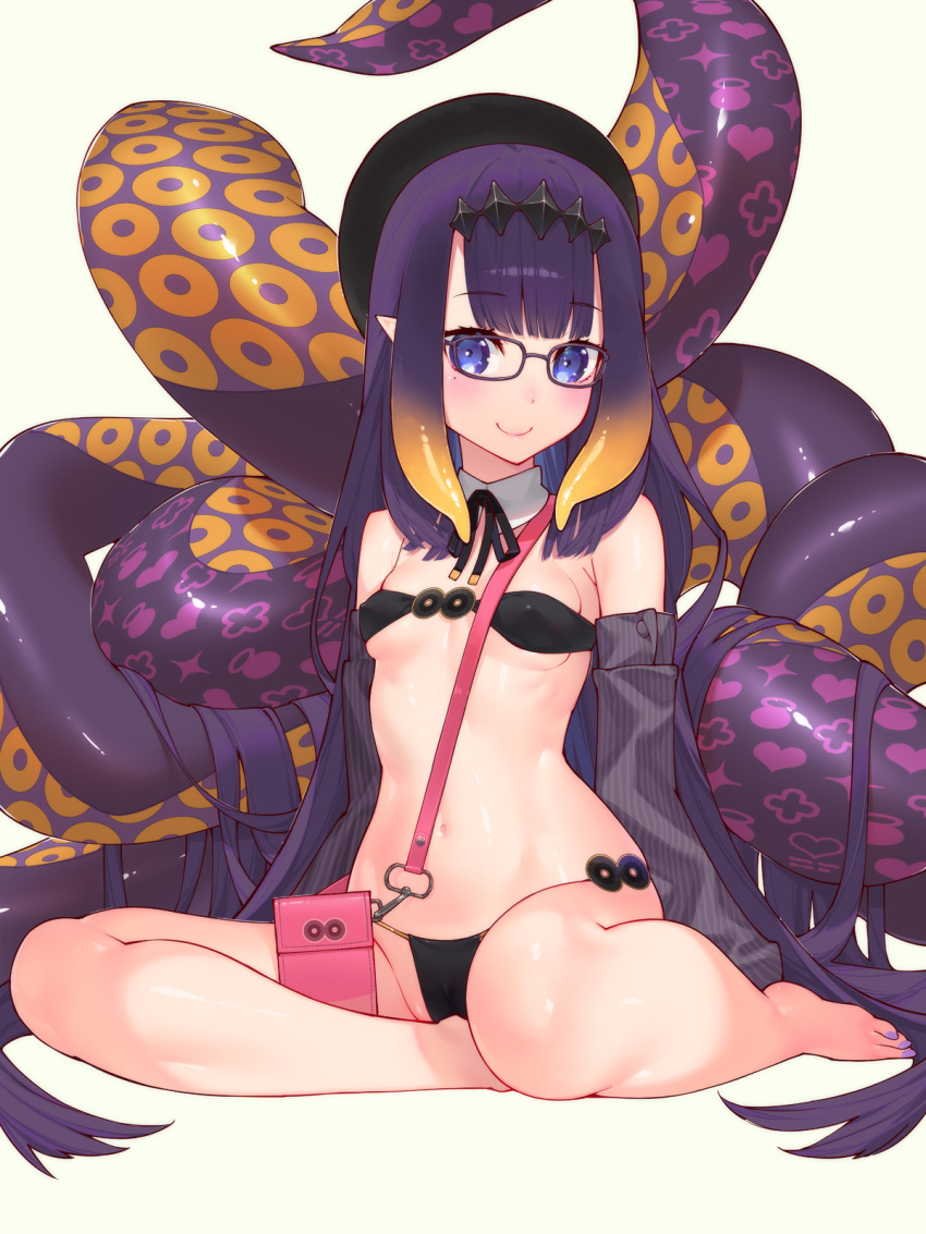 1girl bangs beret bikini black_bikini black_headwear blue_eyes blunt_bangs breasts closed_mouth commentary_request eyebrows_visible_through_hair glasses hat highres hololive hololive_english long_hair looking_at_viewer ninomae_ina'nis purple_hair simple_background small_breasts smile solo swimsuit tentacle_hair tentacles virtual_youtuber waterring