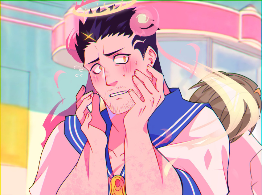 1boy bishoujo_senshi_sailor_moon blush cosplay crossdressinging facial_hair hands_on_own_face highres lisuchi male_focus mature_male sailor_moon sailor_moon_(cosplay) short_hair solo stubble tagme tokyo_houkago_summoners zabaniya_(tokyo_houkago_summoners)