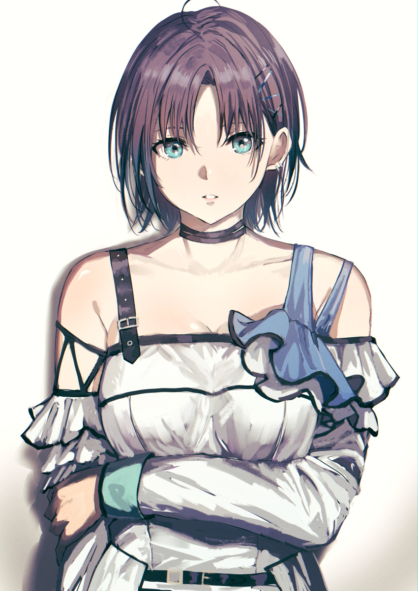 1girl absurdres arm_across_chest arm_grab asakura_tooru bangs bare_shoulders breasts brown_hair collarbone commentary_request detached_sleeves eyebrows_visible_through_hair green_eyes hair_between_eyes hair_ornament hairclip highres huge_filesize idolmaster idolmaster_shiny_colors long_sleeves looking_at_viewer medium_breasts misaki_nonaka parted_bangs parted_lips shirt solo upper_body white_background white_shirt white_sleeves x_hair_ornament