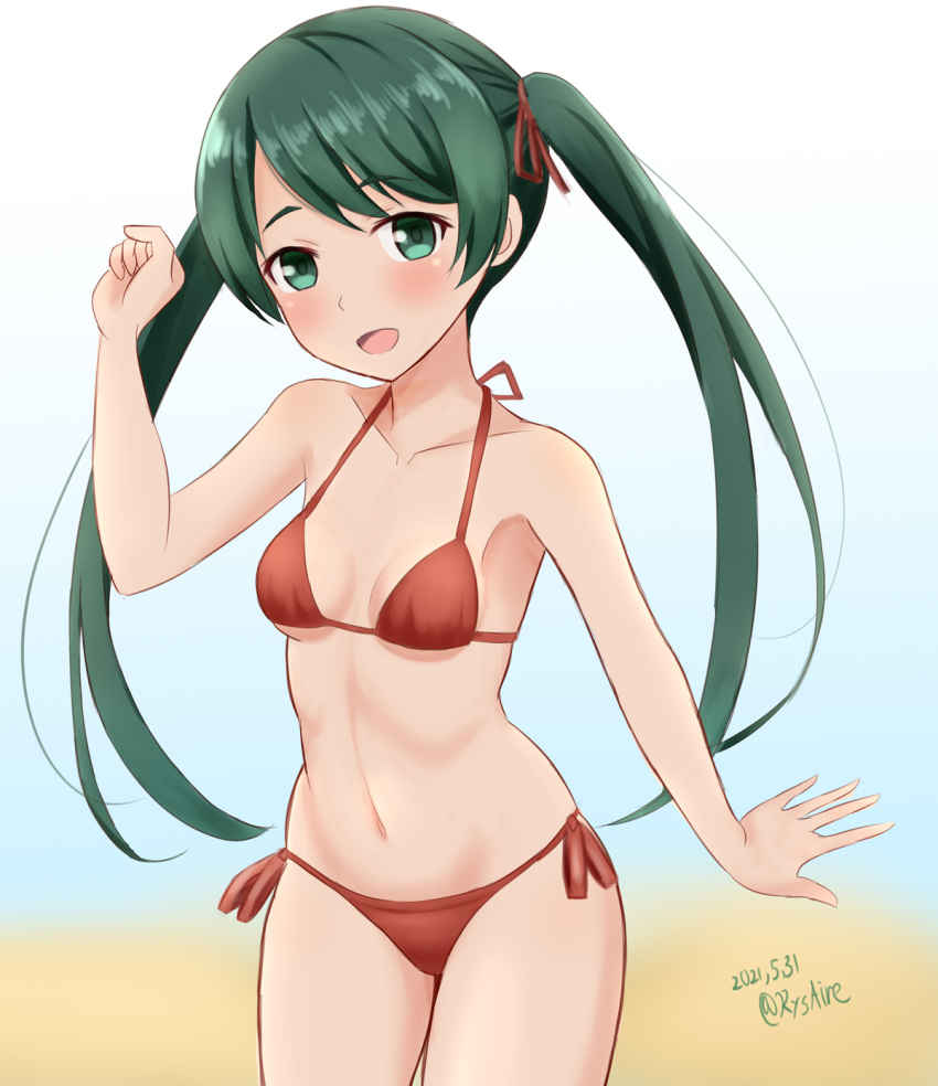 1girl ame-san bikini breasts commentary_request cowboy_shot dated gradient gradient_background green_background green_eyes green_hair halterneck highres kantai_collection long_hair looking_at_viewer mikuma_(kancolle) one-hour_drawing_challenge red_bikini revision side-tie_bikini small_breasts smile solo string_bikini swimsuit twintails twitter_username white_background