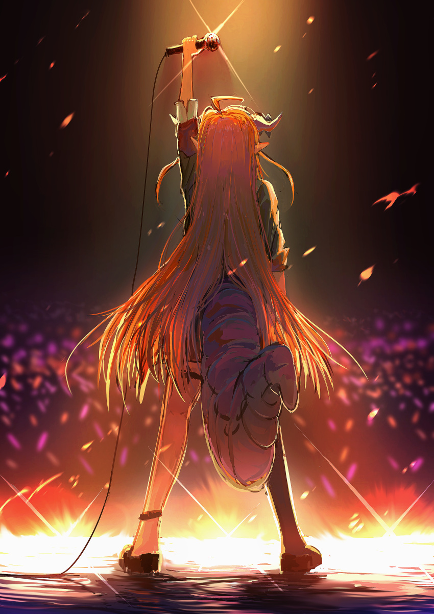 1girl absurdres ahoge arm_up chinese_commentary commentary_request dragon_girl dragon_horns dragon_tail from_behind full_body glowstick highres holding holding_microphone hololive horns kiryu_coco long_hair microphone orange_hair pointy_ears single_thighhigh solo stage standing tail thigh-highs und40889121 very_long_hair