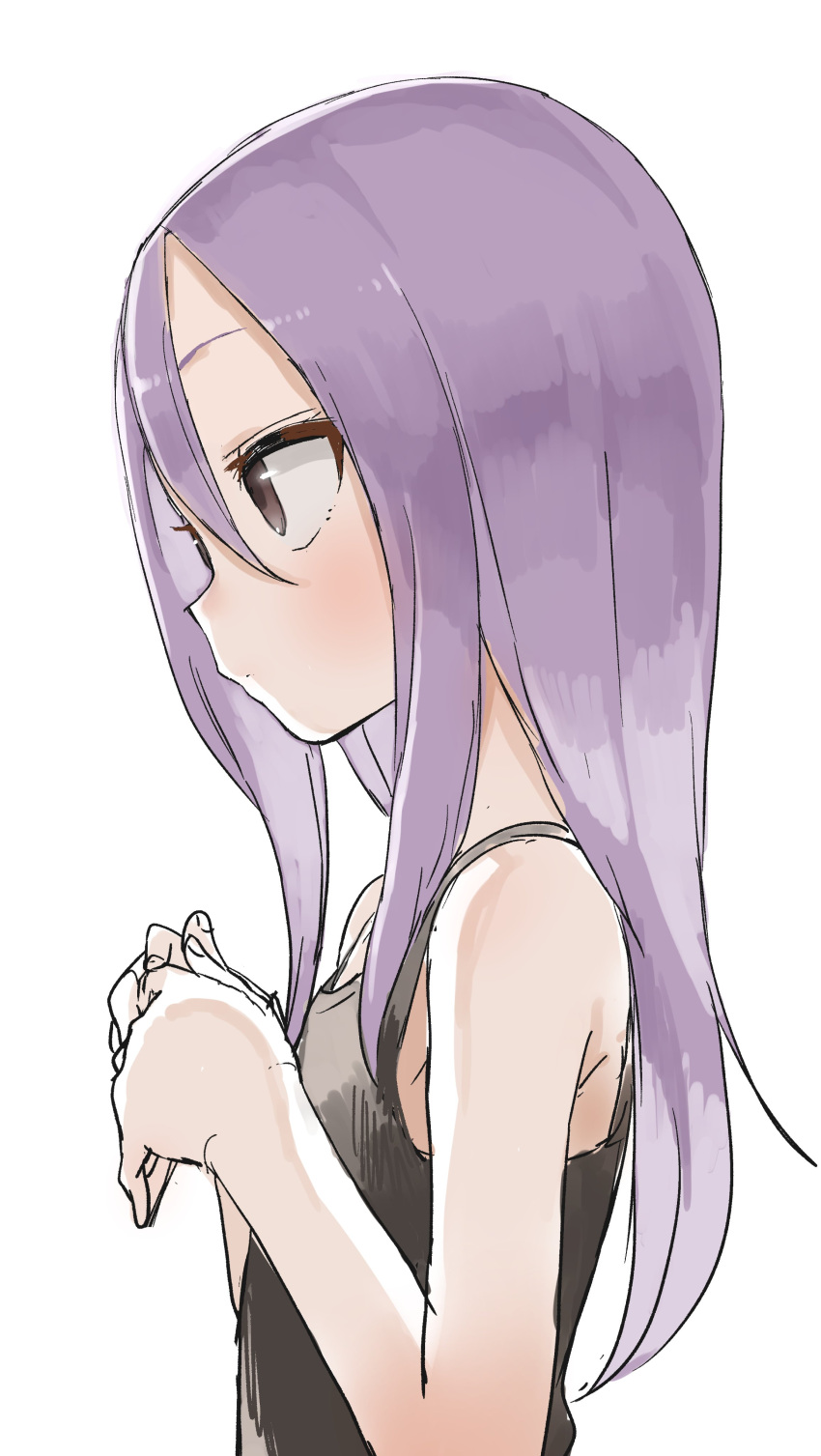 1girl absurdres bangs bare_shoulders blush brown_eyes closed_mouth clothing_request commentary_request from_side hair_between_eyes hands_together highres long_hair looking_afar purple_hair sidelocks simple_background solo soredemo_ayumu_wa_yosetekuru spaghetti_strap standing upper_body white_background yamamoto_souichirou yaotome_urushi