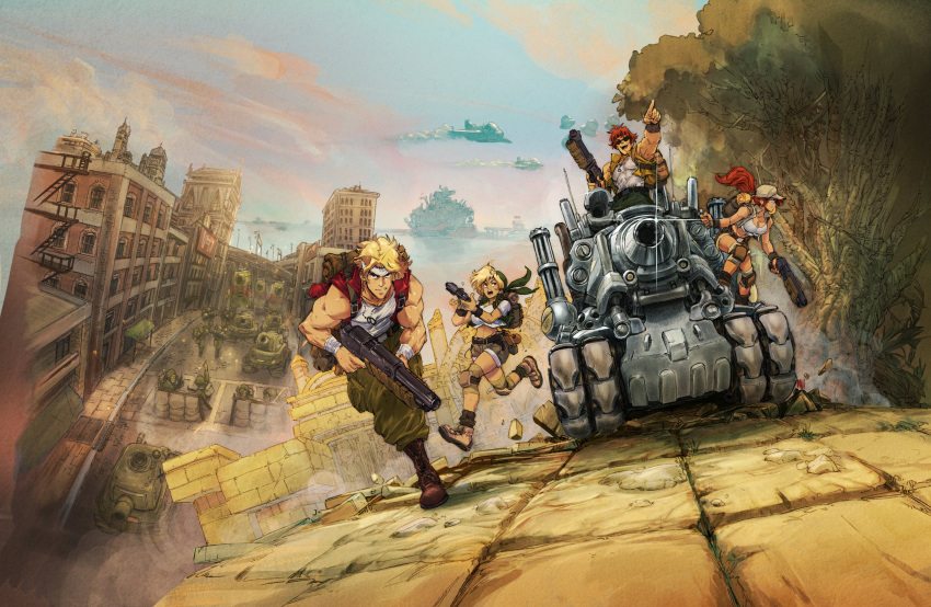 2boys 2girls baseball_cap blonde_hair brown_hair david_liu fio_germi green_bandana ground_vehicle gun hat highres kasamoto_eri knee_pads looking_at_viewer marco_rossi metal_slug metal_slug_tactics military military_vehicle motor_vehicle multiple_boys multiple_girls official_art riding sv001_(metal_slug) tank tarma_roving weapon