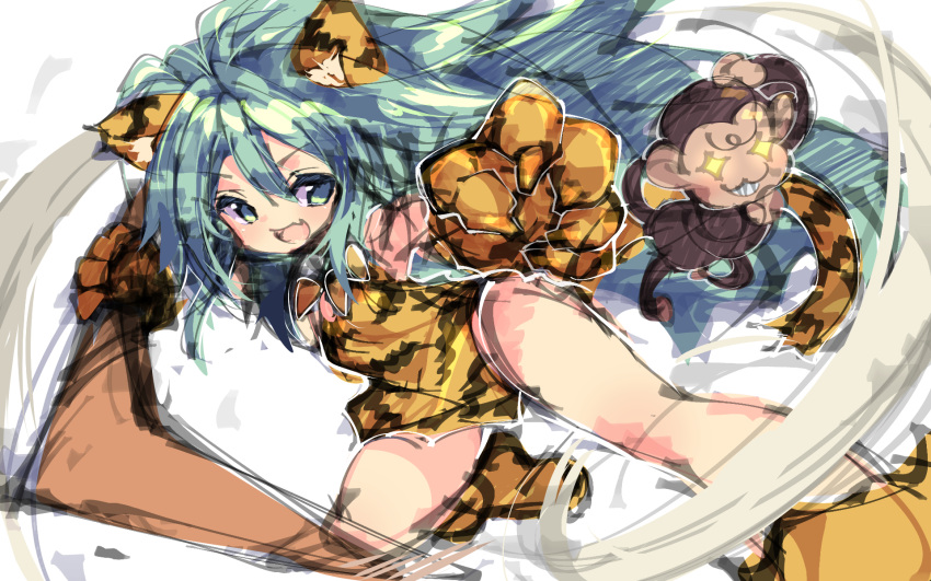 1girl :d animal_ears animal_print bare_legs boomerang cat_ears cham_cham dress fujishima-sei_ichi-gou gloves green_eyes green_hair highres long_hair looking_at_viewer monkey open_mouth paw_gloves paws print_dress samurai_spirits shoes short_dress sketch smile solo tiger_print white_background yellow_footwear yellow_gloves